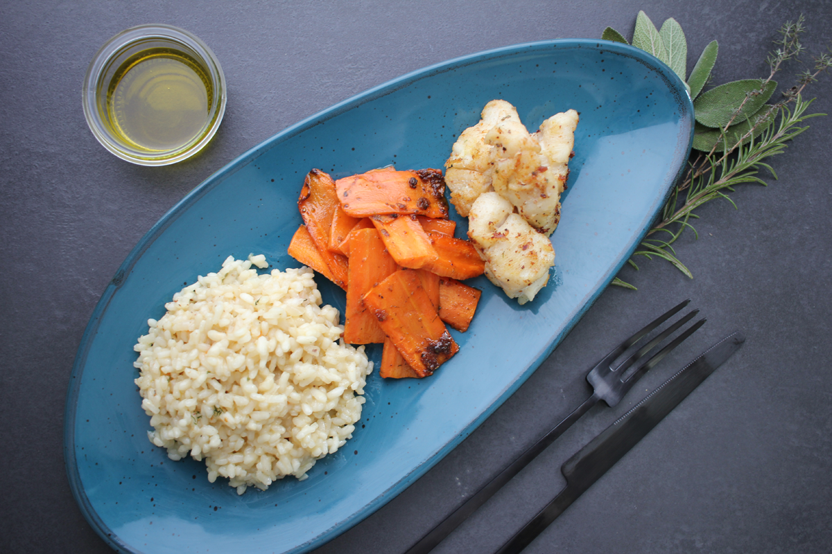 Rezept Steinbeißerbäckchen auf Risotto mit karamellisierten Karotten
