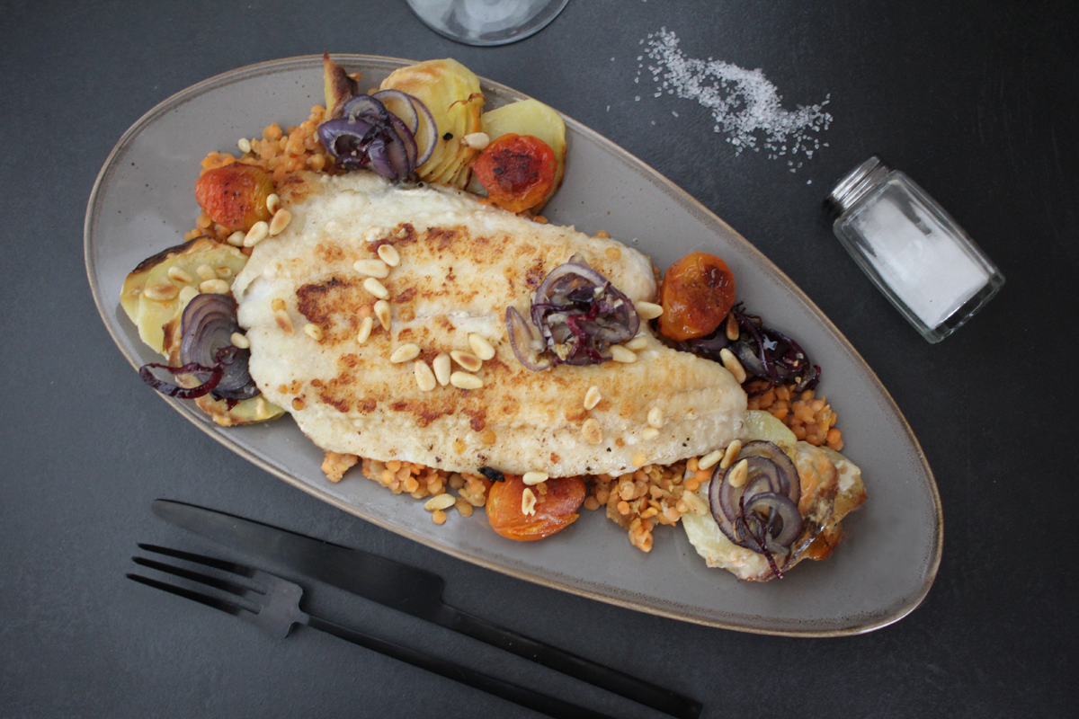 Rezept Seezungenfilet auf Linsen mit Kartoffelgratin